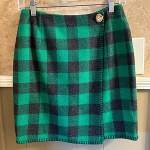 Vintage Ralph Lauren Country Plaid Wool Blend Mini Skirt Green Black Womens Sz 8